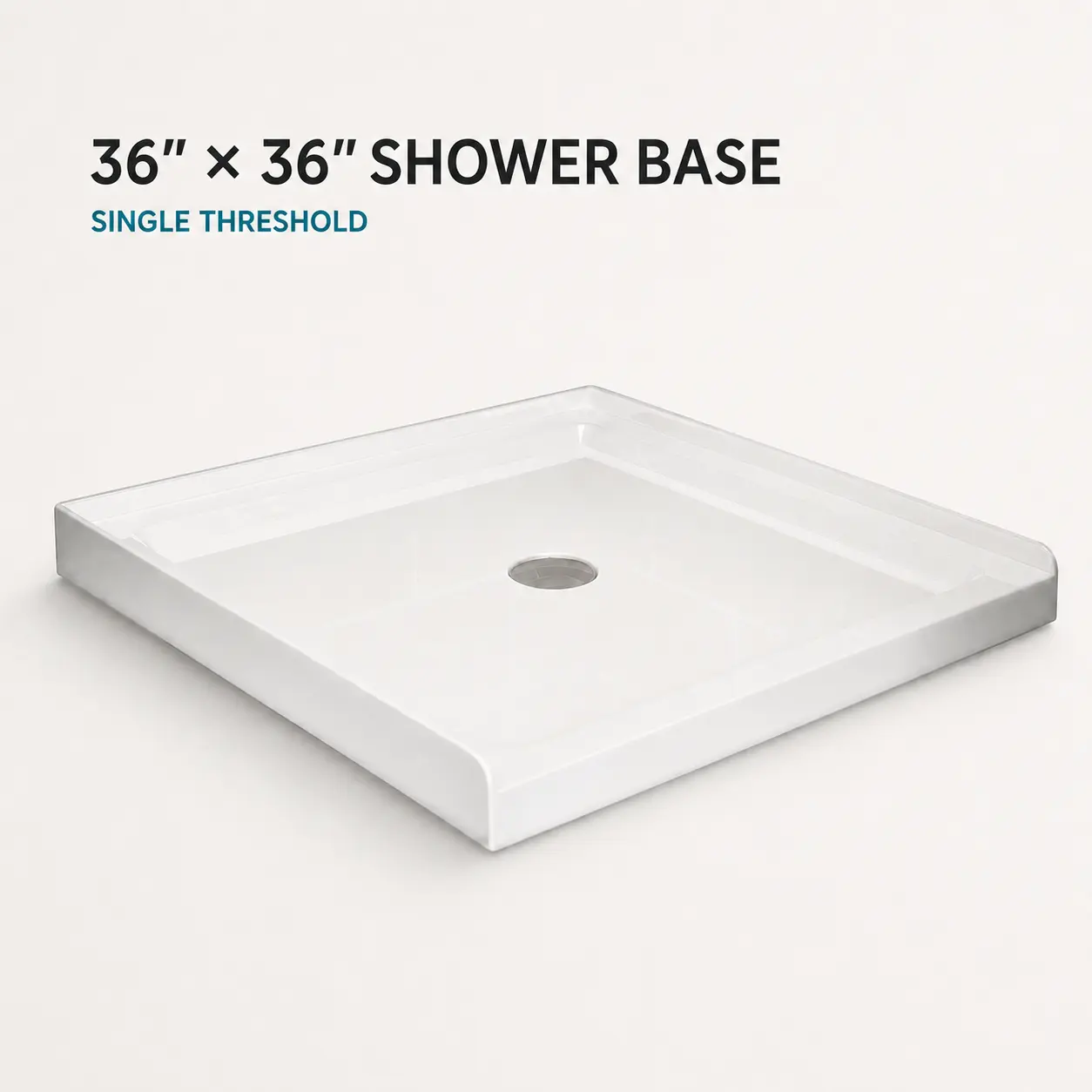 36" x 36" White Shower Base, Single or Double Threshold Acrylic Shower Pan, Center Drain, ABS Construction, Drain Not Included