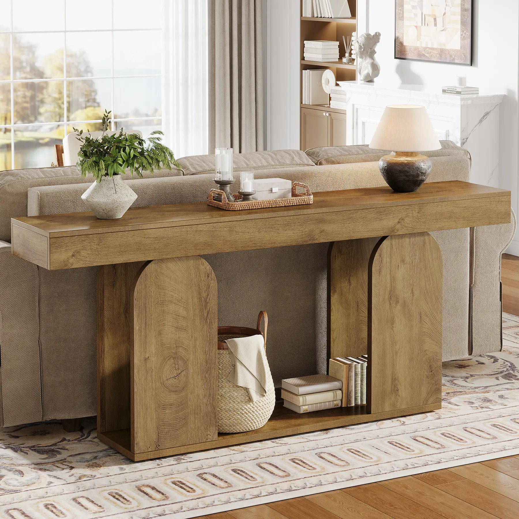 LITTLE TREE 70.9-Inch Extra Long Sofa Table, Farmhouse Console Tables with Wood Frame and Storage Shelf, 2-Tier Wood Table Behind Couch for Living Room, Hallway, Foyer