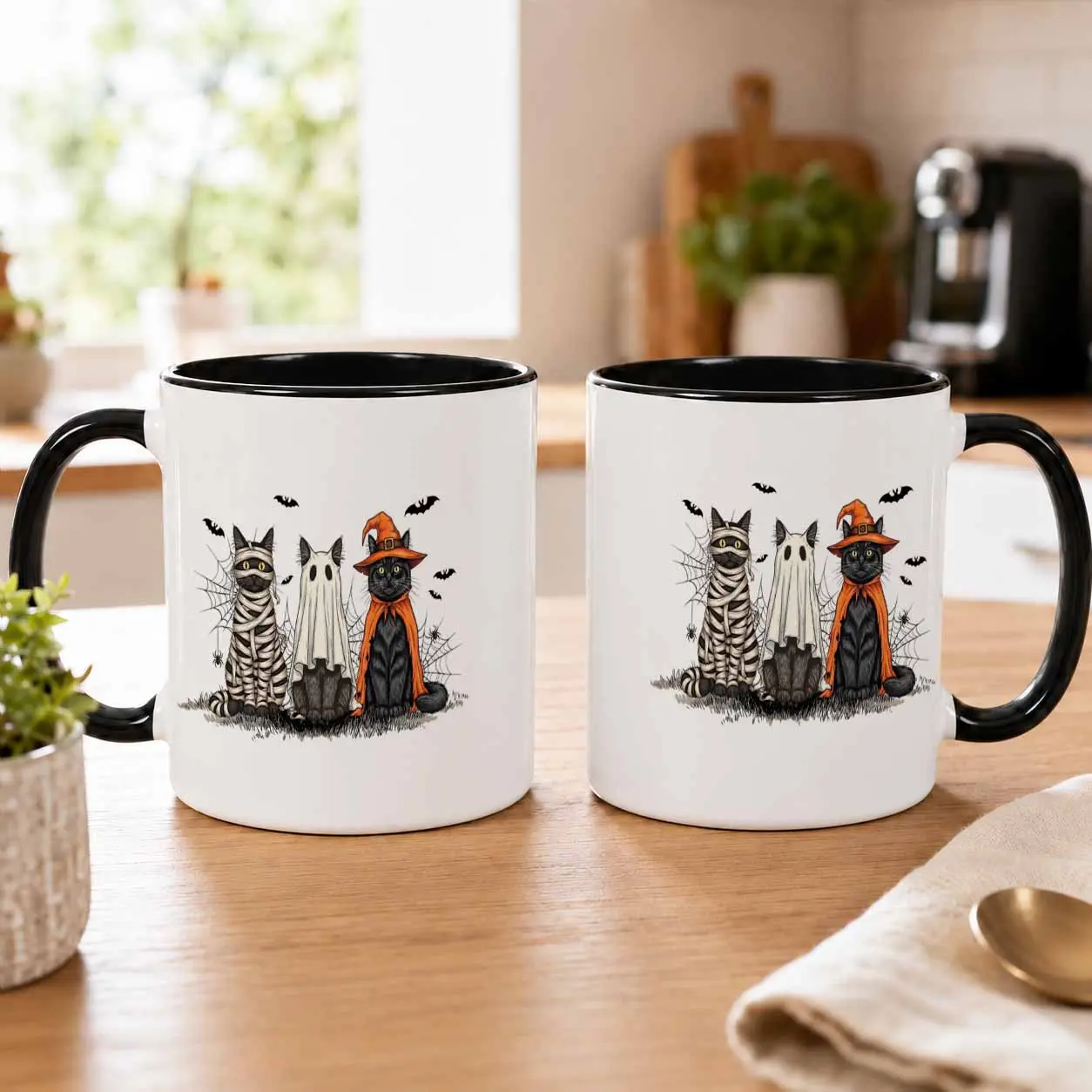 Halloween Black Cat Cup Mug (11oz/15oz) - Cute Spooky Kitten Costume Graphic, Durable Washable Ceramic, Dishwasher-Safe, Ideal for Coffee Tea Lovers, Festive Home Kitchen Decor, Unique Fall Gift