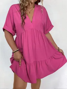 Plus Size Plain V Neck Batwing Sleeve Ruffle Hem Smock Dress, Casual Short Sleeve V Neck Dress for Daily Outdoor Wear, Dresses for Women, Women Plus Clothing for All Seasons, Summer Dresses 2024