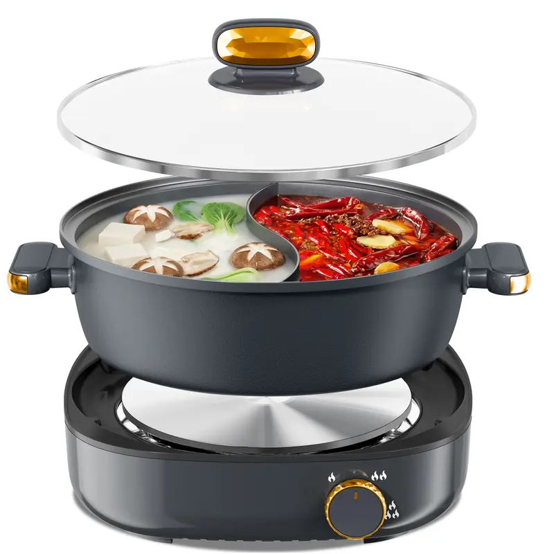 Dezin 4L Nonstick Electric Hot Pot - Split Design Pot with Compartments, 3.7in Deep Dual-Flavors Cooker, Dual Power Control, 11.6in, 360° Heating Plate, Multifunctional Cooker with Spatula for Family Gatherings