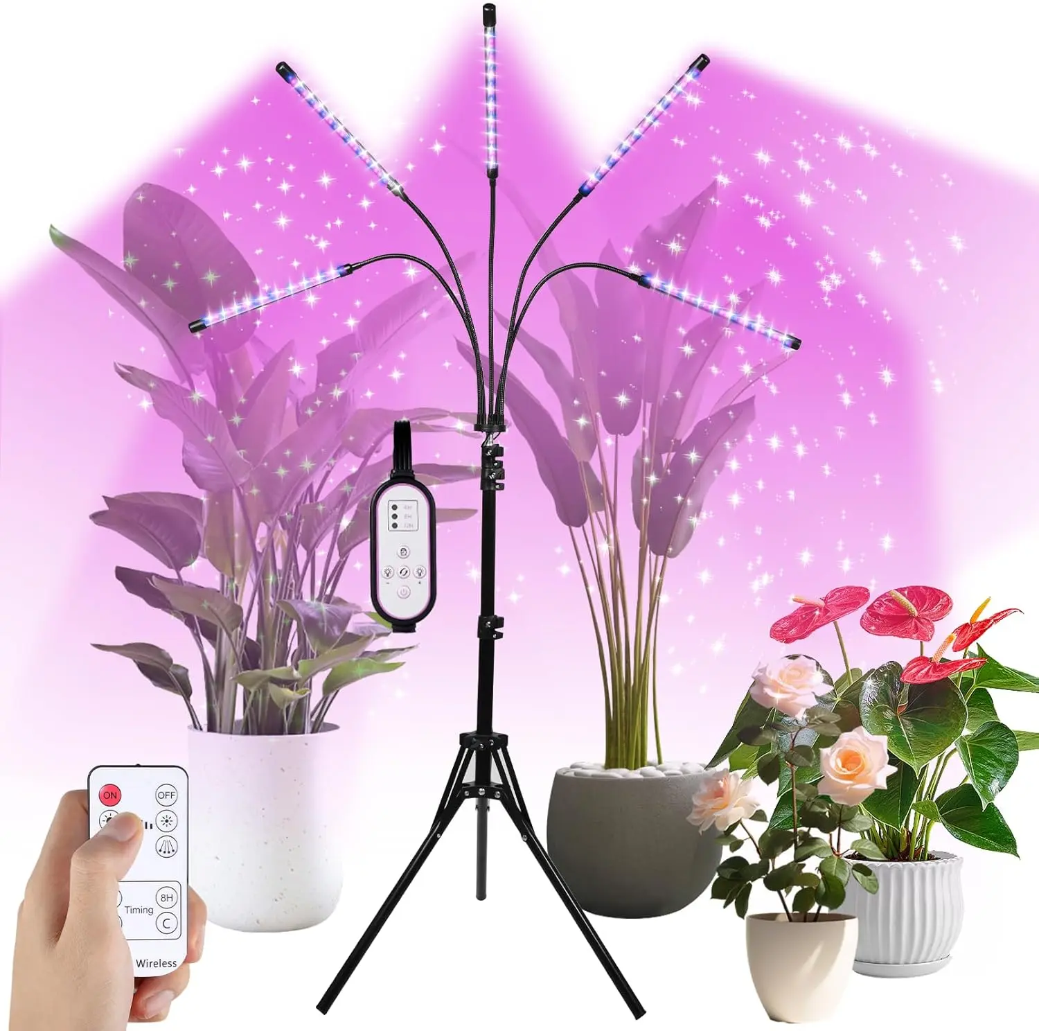 5-Head Adjustable LED Full Spectrum Grow Lamp, Car Exterior Decoration Accessory, RF Controller, Timing Function, True Excellent Heat Dissipation, True Minimizes Light Loss, Warm White Light for Indoor Plants, Offices, Grow Light For Seedlings, Automatic