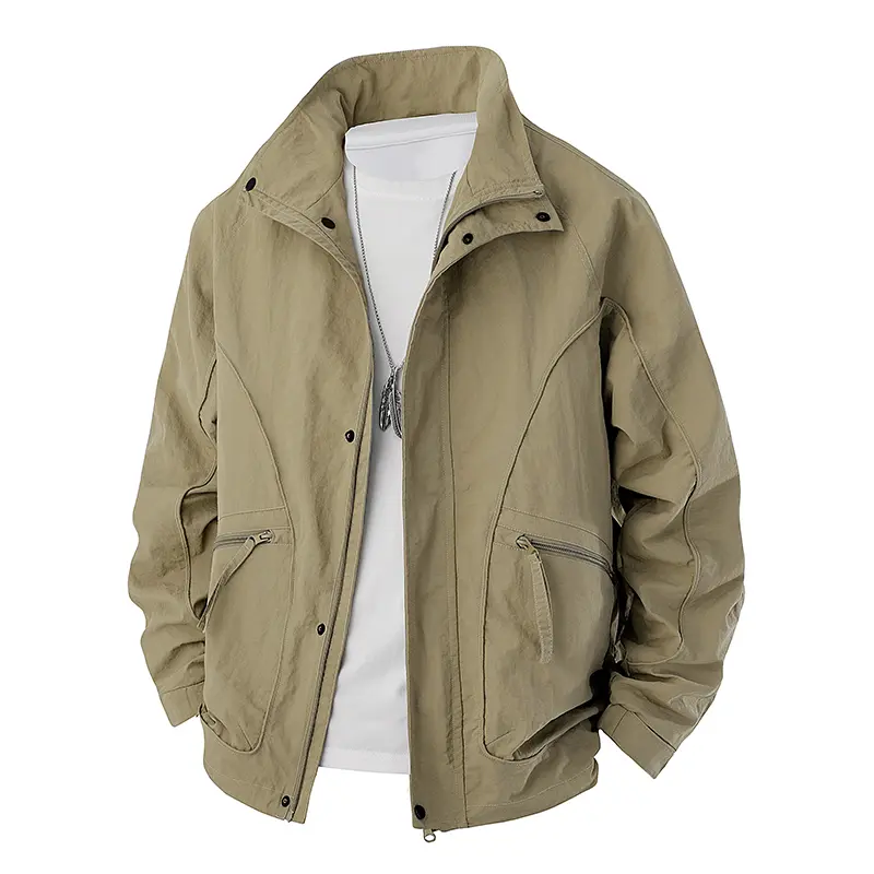 Men's stand up collar Techwear jacket with multiple zippered pockets and lightweight windproof Gorpcore outdoor street practical jacket for men