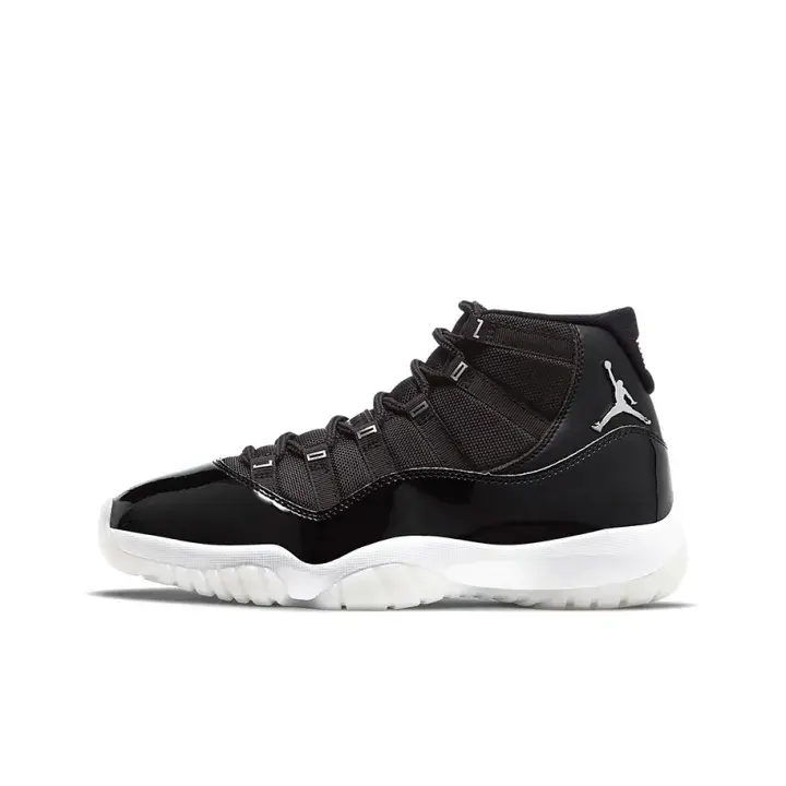Glossy Patent Leather Mid Top Basketball Sneakers, Unisex Silver Jumpman Logo Air Cushion Shoes, White Rubber Outsole Retro Street Athletic Footwear
