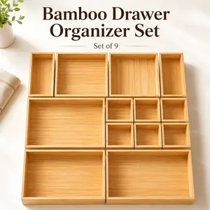 Drawer Organizer Set of 9, Bamboo Wood Storage Boxes and Small Wooden Container Trays for Kitchen, Makeup, Desk, Junk, Tea and Bathroom Drawers, Cutlery, Silverware, Utensils, Flatware, Office Supplies and Daily Essentials