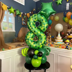 40-Inch Green Pixel Number Balloon Set (0–9), including one 40-inch aluminum foil pixel number balloon, twelve latex balloons, four ribbon balloons, one 18-inch aluminum foil star balloon, and other accessories. Ideal for birthday party decorations