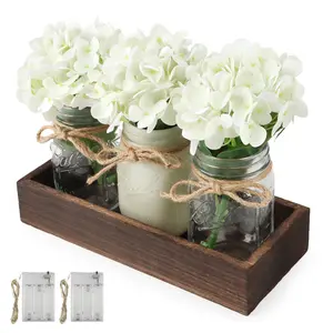 3 Pcs Mason Jar Centerpiece Table Decorations for Dining Table Decor Farmhouse Coffee Table Decor with Wood Tray and Led Light Table Centerpieces for Dining room Kitchen Living Bathroom,White