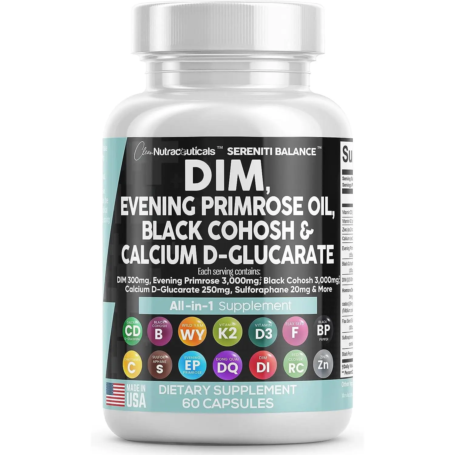 DIM 300mg Evening Primrose Black Cohosh Calcium D-Glucarate Sulforaphane Flax Seed Extract - Balance Support Vitamins for Women Supplement