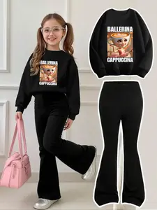Girls' Ballerina Cappuccino Sweatshirt & Bell Bottoms Set, Casual Cartoon Pattern, Fitted Design, All Seasons Wear, Comfortable Fit