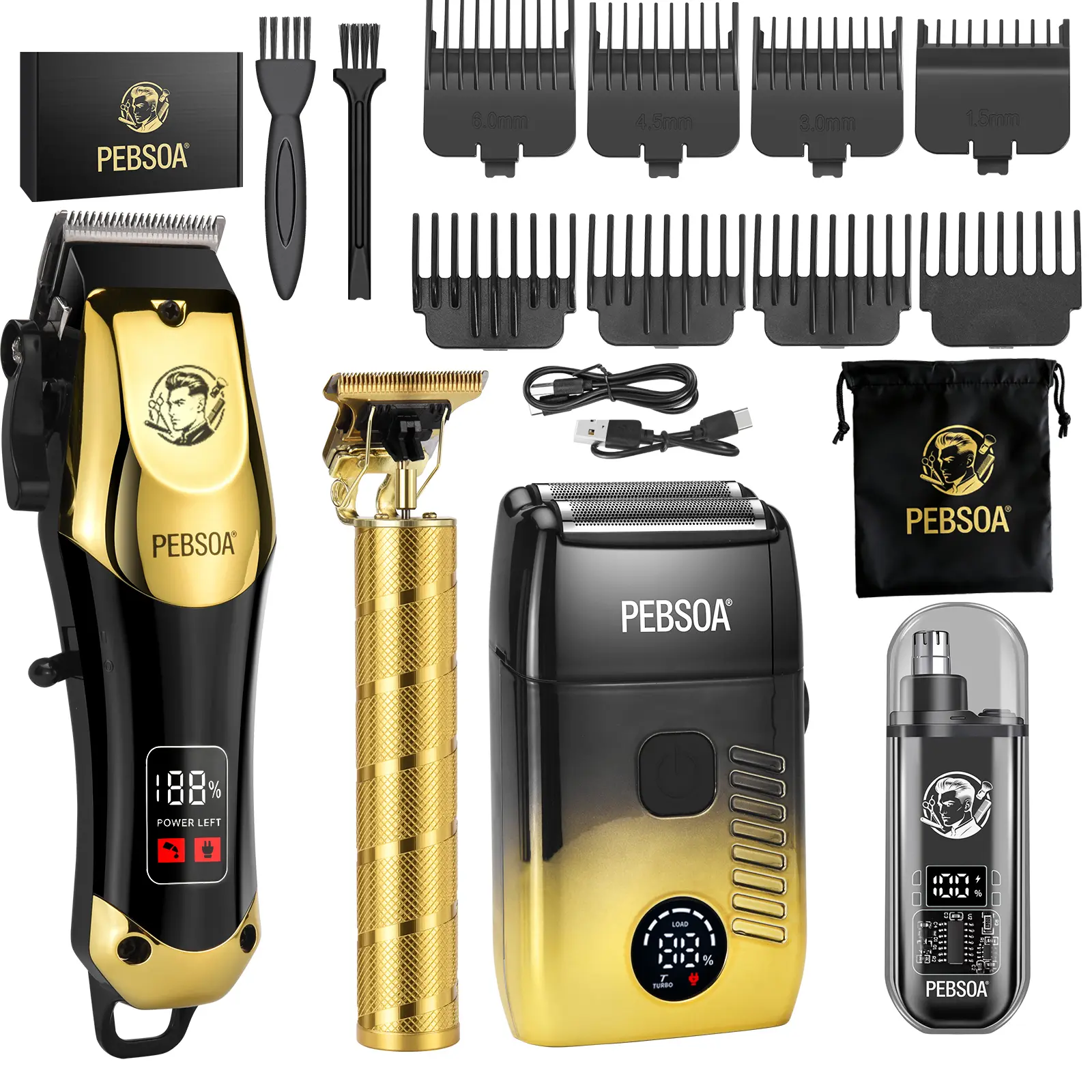 PEBSOA Men's 4-in-1 Cordless Hair Trimmers & Clippers - Adjustable Rechargeable, Battery-Powered, 0-Gap T-Blade, Electric Shaver, LED Digital Display, Beard Shaping Tool, Precision Styling, DIY Haircut, Home Use, Ideal Men's Gift