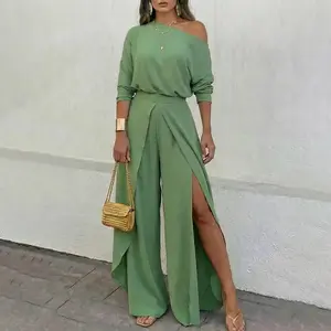 Women's St. Patrick's Day Set Sexy One Shoulder Overlap Top & Flowy Split Wide Leg Pants 2-Piece Wedding Guest Outfit