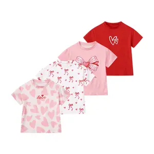 #SummerVibes 4-Pack of Fresh-Style Spring/Summer Girls' T-Shirts with Heart-Shaped Bow Print: Breathable, Comfortable, and Sweetly Printed Short-Sleeve Summer Shirts for Kids