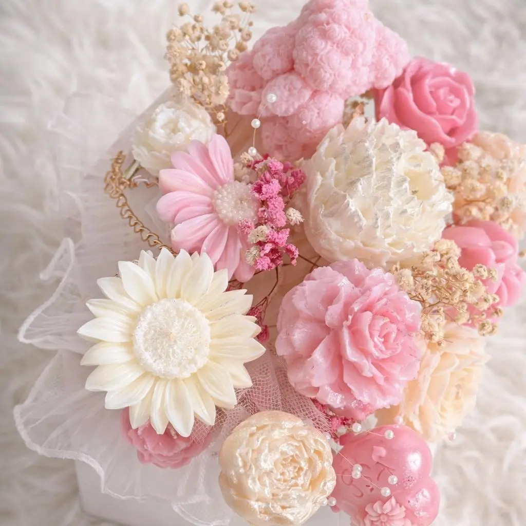 Handmade Floral Candle Bouquet with Bear & Heart Accents – Velas Yoyi  . Bouquet de velas Ramo especial de velas florales con osito y detalles de corazón para regalo – Velas Yoyi