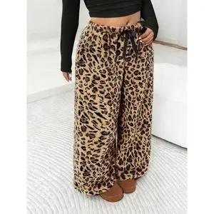 Women's Leopard Print Loose-Fitting Wide Leg Pants, Casual Streetwear for All Seasons, Natural Waist Elastic Waistband