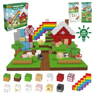 Magnetic LED Light  Building blocks Set for Kids 100pcs Rainbow Farm High-Quality Toy with LED Light Bricks for Kids Birthday Gift Safe Rounded Corners Portable Design creative construction Gifts for 3-9 Year Olds Girl Toy Set，construction kit,relief toy