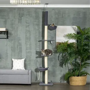 Floor to Ceiling Cat Climbing Tower, 5 Tier with Carpeted Platforms, Cozy Bed and Hammock, Scratching Post with Natural Sisal, Toy Ball, Adjustable 95-106" Height, for Small Cats Under 10 lbs, Dark Gray and Cream, 17.75" x 17.75" Base