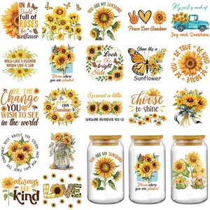 UV DTF Cup Wrap - 20 Sheets Sunflower UV DTF Cup Wraps for 16 20 40 oz Glass Water Bottles Yellow Flowers Butterfly Car Transfer Stickers Decals for DIY Coffee Mug Creative Decorative Gifts