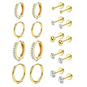 14K Gold Earrings for Women Hypoallergenic Small Huggie Hoop Earrings for Multiple Piercing Flat Back Stud Earrings Lobe Helix Cartilage Earring Sets Tiny Ball CZ Gold