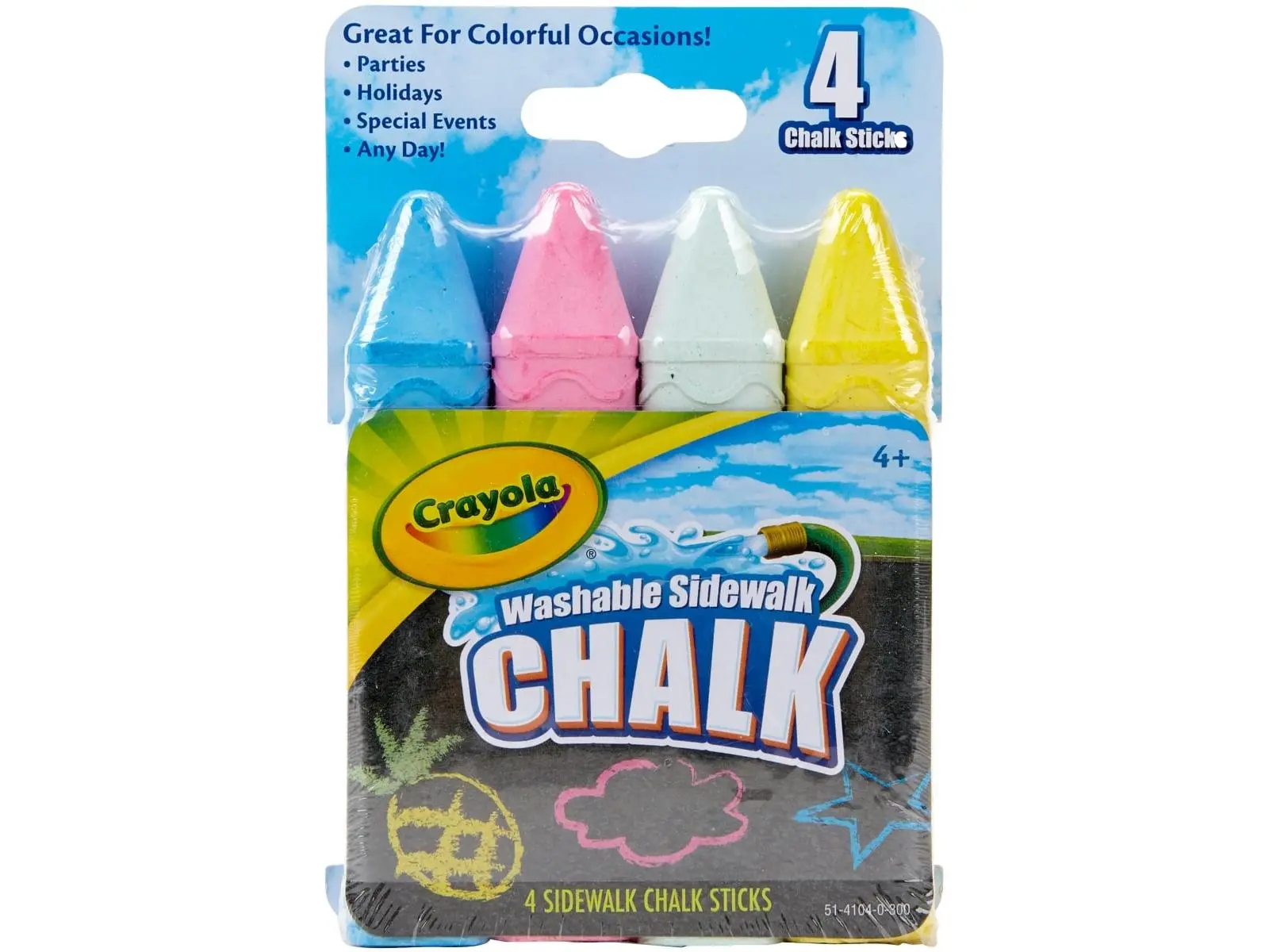 Crayola 51-4104 Water-Based Sidewalk Chalk, 4-Piece Boxed Kit - Crayon-Themed Office Stationery Writing Tool, Boxed Kit Chalk, Crayon-Themed Chalk