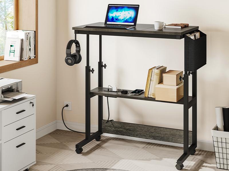 DWVO Height Adjustable Standing Desk with Charging Station, Portable Table with Wheels, Small Standing Rolling Computer Desk with Tiltable Tabletop and Storage Bag