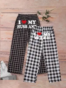 Couple Matching Pajama Pants Set "I ❤️ My Husband" & "I ❤️ My Wife" Text Print Grid & Plaid Pattern Design Elastic Waistband Relaxed Fit Ideal for Cozy Nights In, Anniversary Gifts, Casual Home Wear Perfect for Married Couples Love-Themed Loungewear