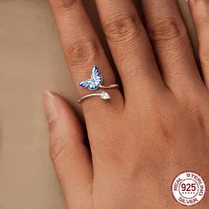 925 Sterling Silver Blue Enamel Butterfly Ring Adjustable Dainty Wrap Open Thumb Rings for Women SCR1107-E