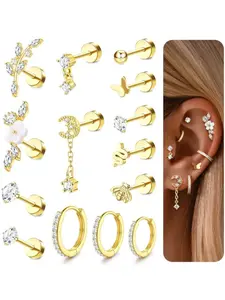 14 Pcs Unisex Golden Cartilage Piercing Assortment Surgical Steel Flat Back Studs, Hypoallergenic Post Earrings, Small Hoop Earrings Body Jewelry Fit for Helix Conch Piercings Minimalist Design Lightweight Comfortable
