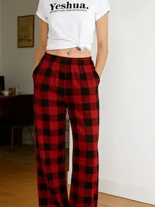Buffalo Plaid Red Black Wide Leg Pants | Casual Loungewear & Streetwear Bottoms | Soft Plaid Fabric | Bold Retro Plaid Aesthetic | Elastic High Waist for Comfort | Trendy Oversized-Leg Fit | Versatile for Home & Outings | Perfect for Plaid/Retro Style