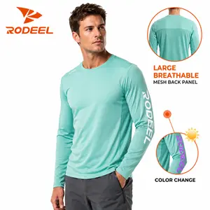 RODEEL 961 Sun Shirts w/ UV Detection Logo Breathable Mesh Panel Men UPF 50+ Sun Protection Long Sleeves Sport T-Shirt Lightweight Quick Dry Moisture Wicking Breathable Cooling Activewear for Outdoor Fishing Boating Hiking Camping Running summervibes