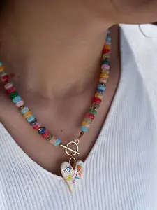 Handmade Colorful Glass Bead Necklace with Heart Pendant, Elegant O-Tassel Chain, Perfect for Daily Wear & Parties, Vibrant Handcrafted Jewelry