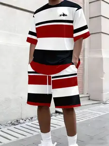 Men's Summer Outdoor Street Fashion 3D Striped Print T-Shirt, Casual Loose-Fit Short Sleeve Top, Sport Shorts Set
