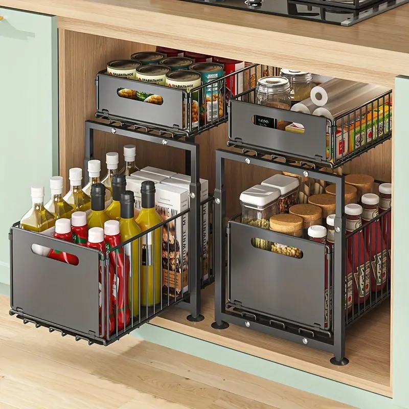2-Tier Pull-Out Organizers, Space-Saving 2-Tier Under Sink Organizer with Adjustable Height, Sturdy Carbon Steel, Kitchen Storage Shelf, Space-Saving Cabinet Organizer, Kitchen Organizers And Storage