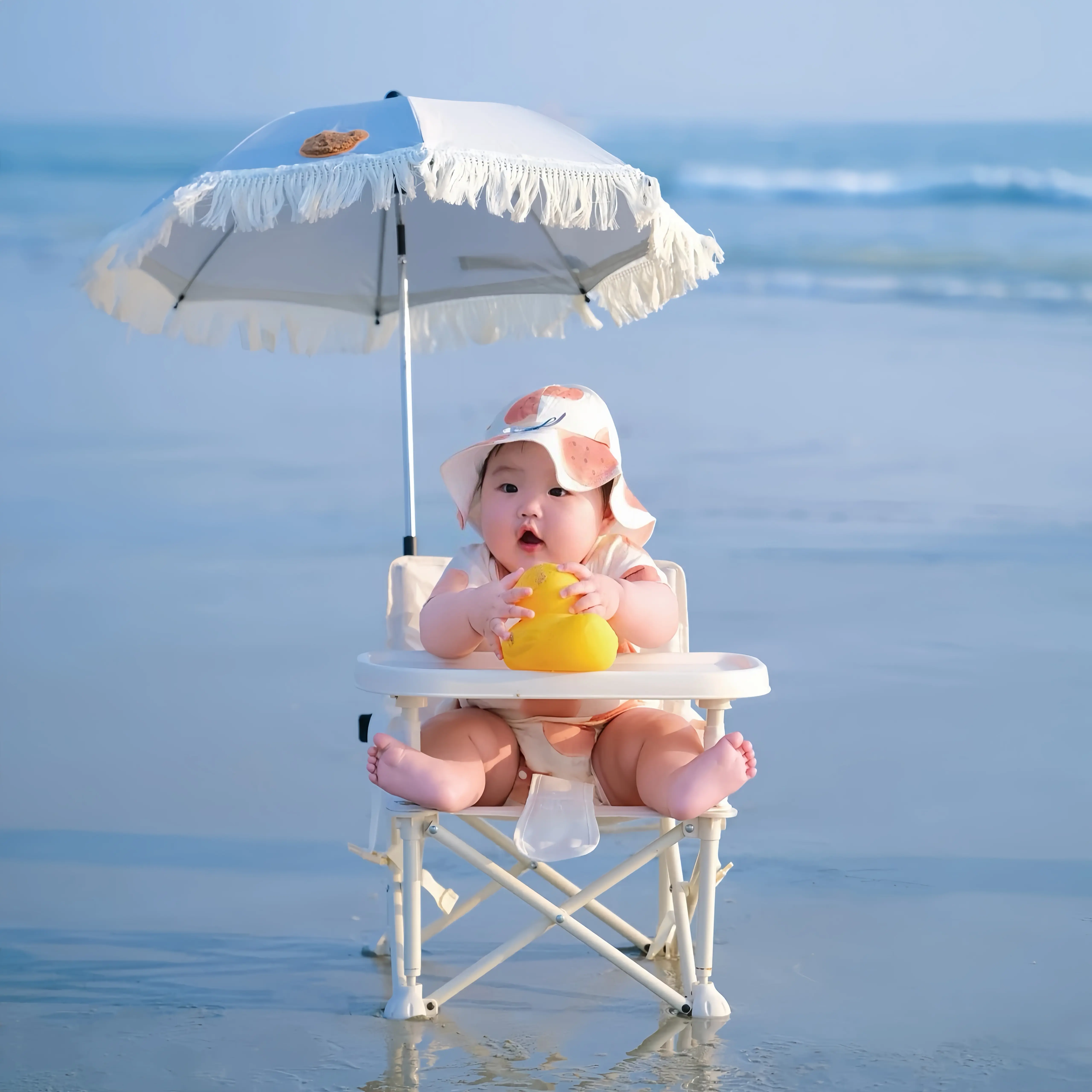 [SummerVibes] Portable Baby Beach Chair - Lightweight Compact Folding Outdoor Kids Stuff Travel High Chair with Carry Bag, Removable Tray, UPF 50+ Sun Canopy, Max 37lbs Weight for Sand, Camping Use, Toddler-Sized Baby Chairs, Infant-Safe Baby Chairs