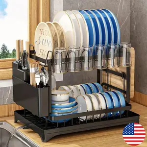 Dish Drying Rack 2 Tier for Kitchen Counter Large Rustproof Organizer with Drainboard Utensil Holder Cup & Cutting Board Black Modern Aesthetic Space Saving Efficient Storage Solutions