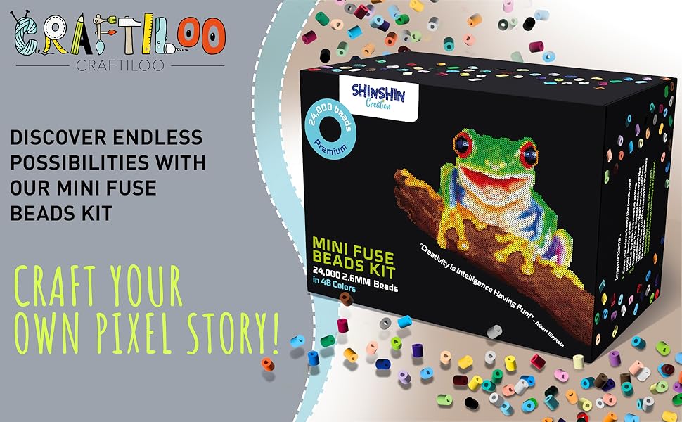 shinshin creation 24,000 Mini Fuse Beads Kit for Adults - 48 Colors Tiny 2.6mm Beads, 5 Pegboards, 2 Tweezers - Compatible with Hama, Melty, Iron Beads - Pixel Art Craft Kit