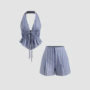 Cider Cotton-blend Halter Neckline Stripe Tie Front Shirred Top &  Mid Rise Shorts Set