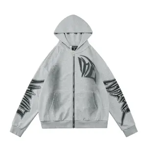 Oversized Allover Print Graphic Zip Up Hoodie with Rhinestone| Y2K Grunge Vintage Washed Streetwear Sweatshirt| Unisex Edgy Layering Jacket for Men Women Fall Winter OOTD