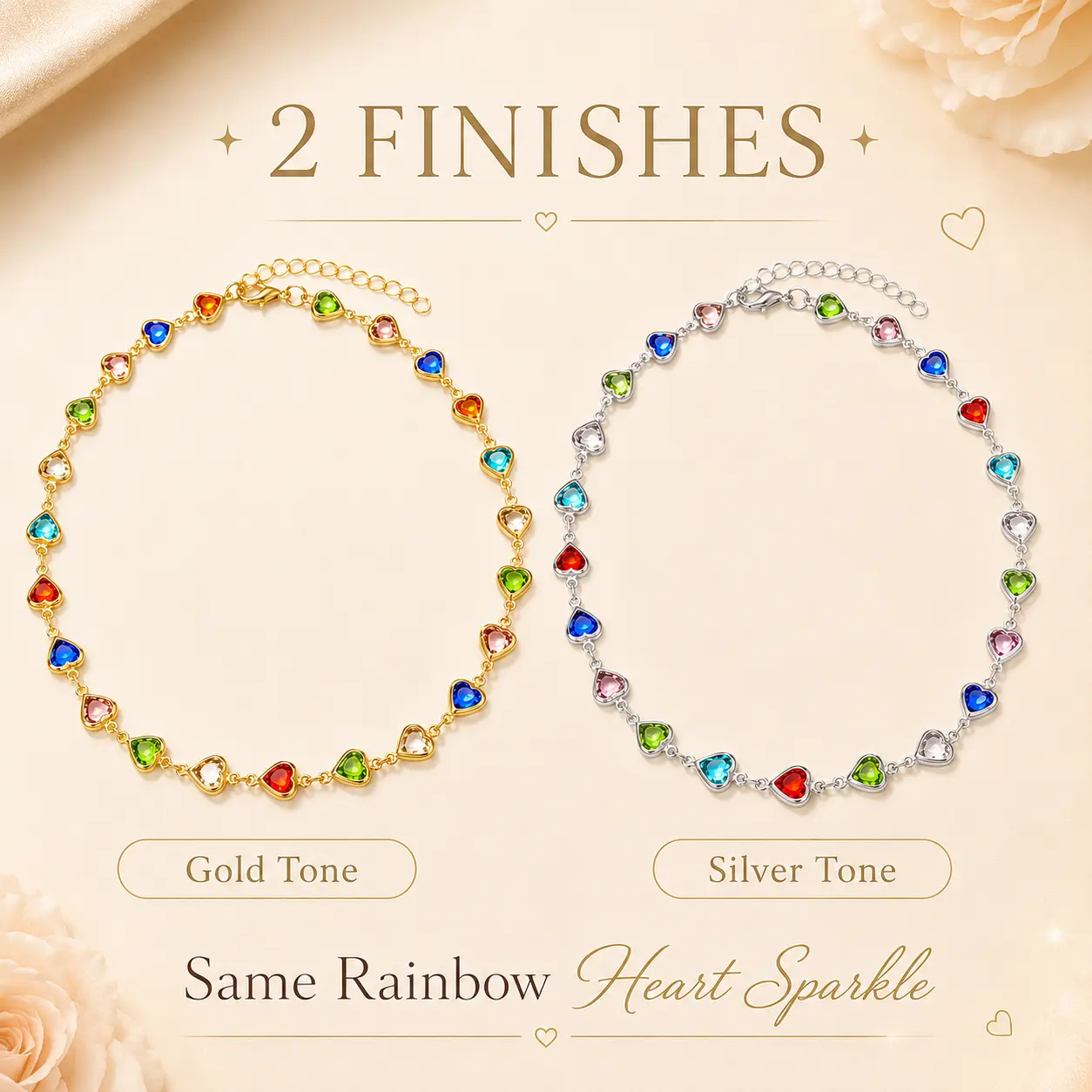 Rainbow Heart Crystal Necklace for Women, Colorful Heart Charm Choker with Adjustable Chain, Gold Tone or Silver Tone Y2K Jewelry, Cute Birthday Valentine’s Day Gift, 2-Piece Set Available