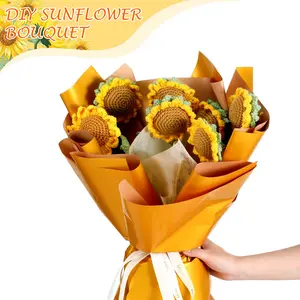 6 Pcs Cotton Crochet Sunflowers Bouquet with Plants Leave and Long Stem Artificial Handmade Knitted Flower Bouquet for Holiday Graduation Gifts Women Wife Mother Girlfriend Friends Gifts Decoration Christmas Ornaments Home Decorative Springtok
