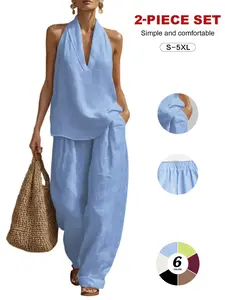 Womens Linen 2 Piece Sets Fashion Sleeveless V Neck Halter Top Matching Baggy Wide Leg Pants Set Summer Casual Outfits
