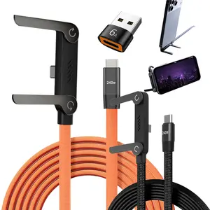 240w Phone Stand Multifunctional Charging Cable, PD Fast Charge Line with 360° Rotating Phone Holder, USB Adapter 2-In-1 Data Line for Smartphones