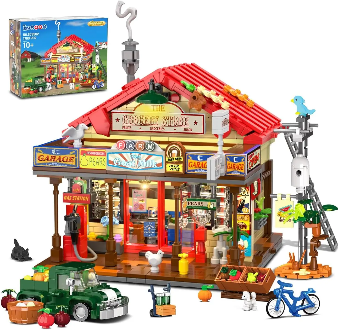 HOGOKIDS Vintage Country General Store Building Set with Truck & Lights, 1709 PCS Construction Block Kit, Home Decor Architecture Model for Teens 12+ & Adults