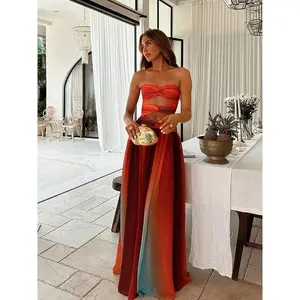 Fashion Gradient Print Hollow Out Maxi Dress Women's Sexy Strapless Backless Pleated Beach Vacation Party Dress