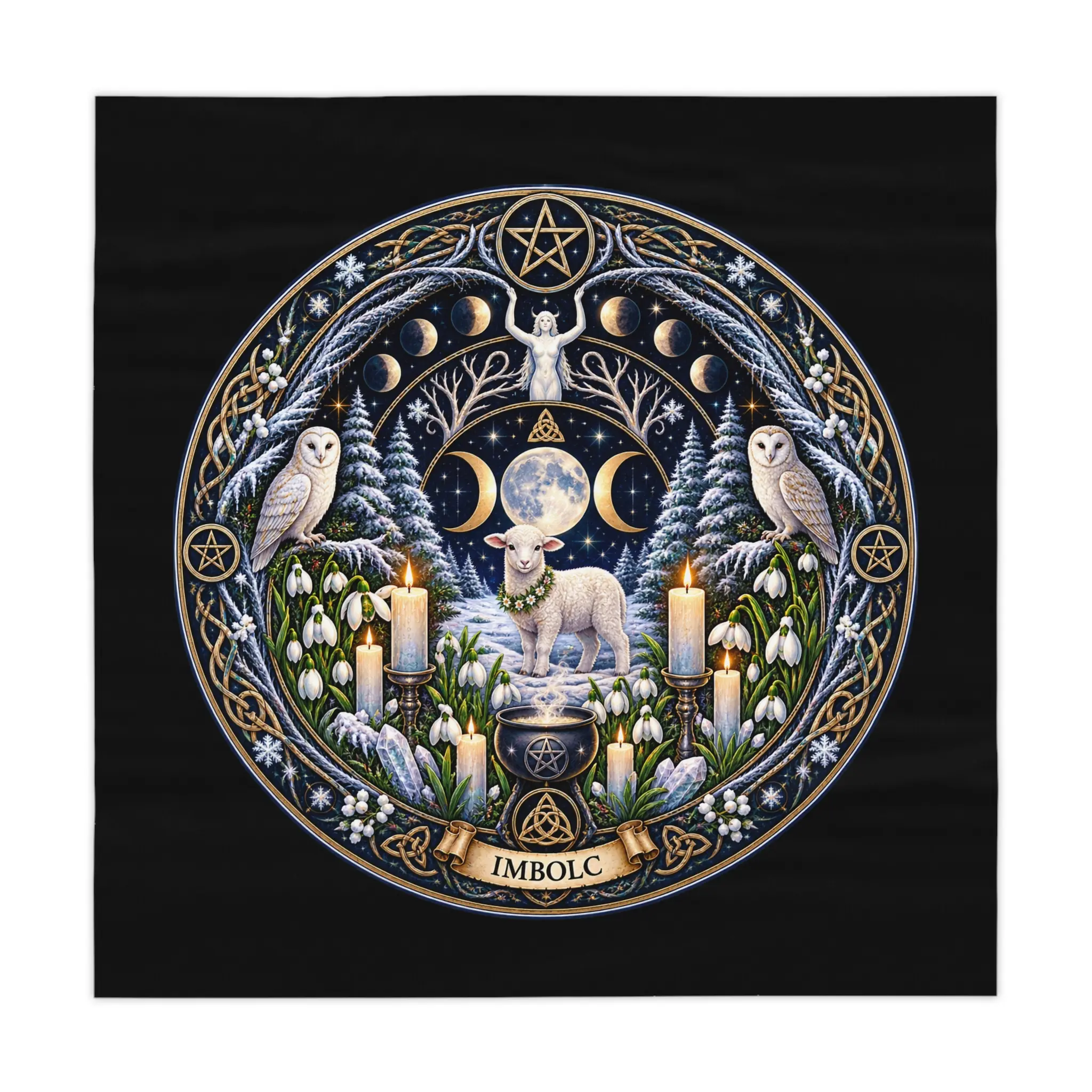 Imbolc Moonlit Wolf Tablecloth | Pagan Winter Solstice Altar Cloth