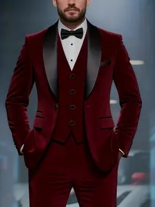 Men'S 3pcs Suit Set - Slim-Fit Long Sleeve, Slim Fit Aesthetic, Solid Color, Non-Stretch Fabric, Lapel Collar, Fake Buttons, All-Season Wear, Perfect for Weddings, Business Casual & Formal Occasions, Wedding Attire | Classic Suit Style | Tailored Fit