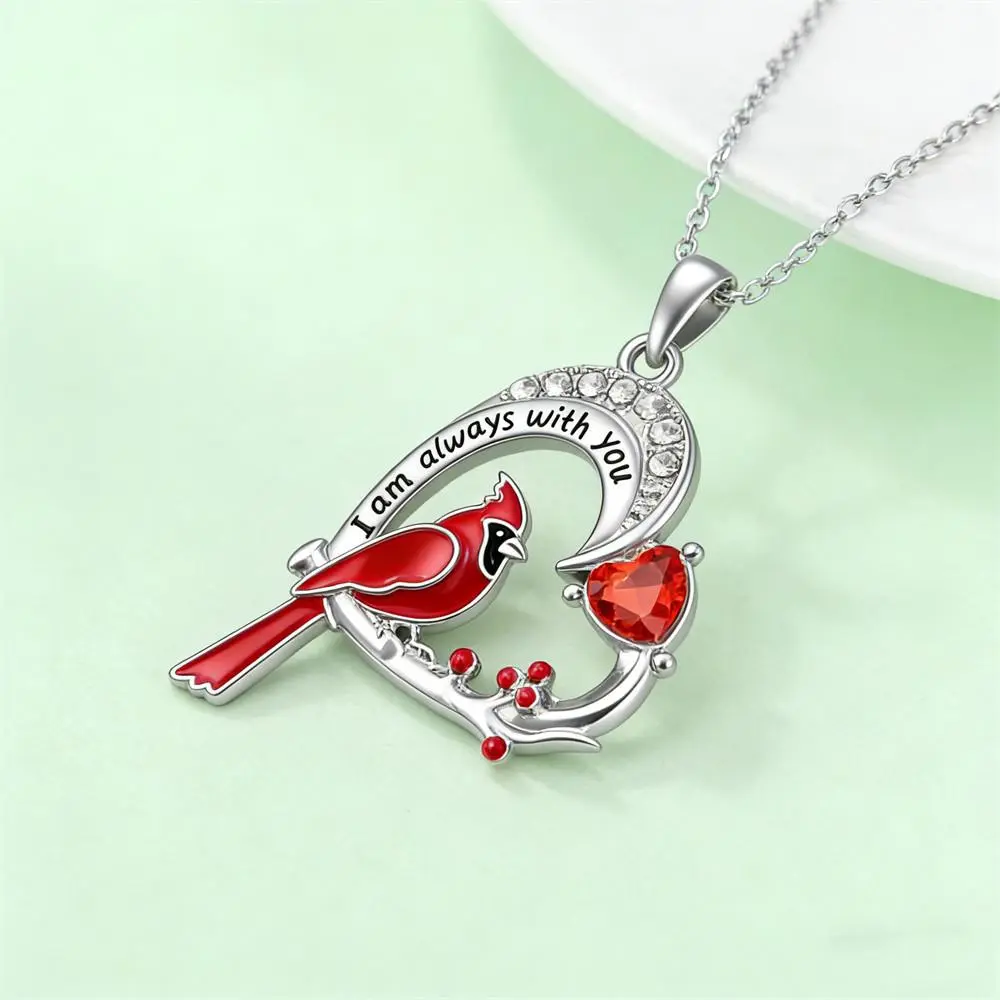 Women's Short Red Cardinal Heart Necklace - Rust-Proof Stainless Steel & Zinc Alloy Pendant Engraved "I am always with you", Sparkling Red Heart Synthetic Zircon Chain Jewelry Necklaces, Spiritual Casual Daily Wear Memorial Gift for Christmas Birthdays