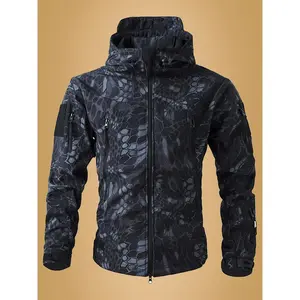 Men'S Camouflage Softshell Jacket with Fleece Lining, Autumn/Winter Tactical Climbing Workwear, Hooded Zippered Polyester Jacket, Non-Stretch Woven Fabric, 320g/m² Weight, Street Style Menswear Coats