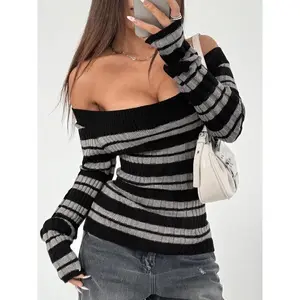 Women's standing shoulder long sleeved color blocked knitted pullover top, casual striped fashion, fashionable Instagram styleRAIMENTRY