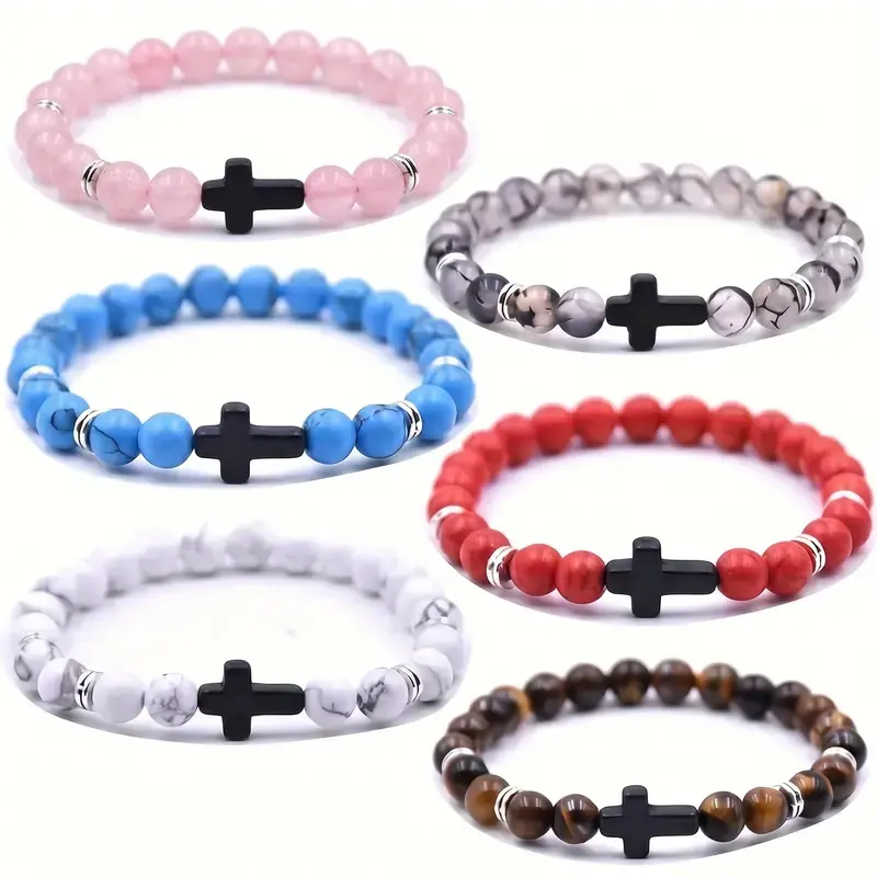 Minimalist Streetwear Natural Stone Stainless Steel Cross Phone Charm Bracelet, Elastic Rope, Lava Beads, Map Charm - Unisex Festive Party Gift Jewelry, 5.5cm-YY1