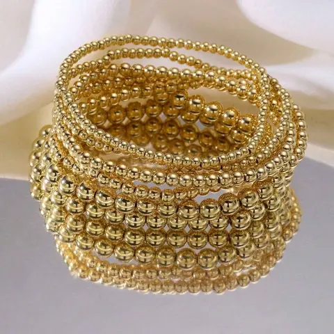 7-Piece Gold-Tone Resin Beaded Bracelet Set for Women, Stackable Stretch Bracelets, Everyday Fashion Jewelry Gift for Mother's Day or Birthdays, Mothers Day Bracelet